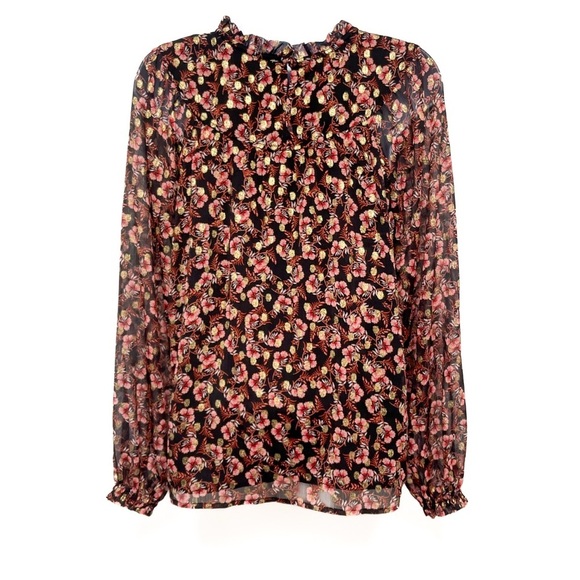 LOFT Shimmer Vine Pleated Yoke Metallic Floral Print Semi Sheer Blouse Top XS - Picture 6 of 10
